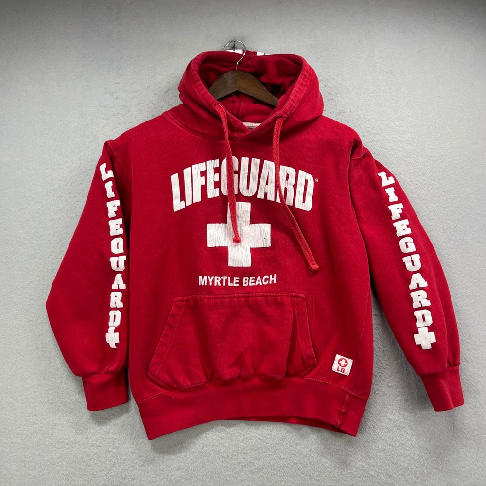 Myrtle Beach Lifeguard Hoodie Mens S Red Graphic Pullover Distressed Coastal